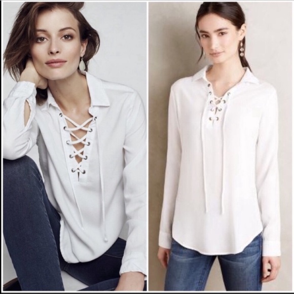 Anthropologie Cloth and Stone white lace-up top XS - Picture 4 of 5